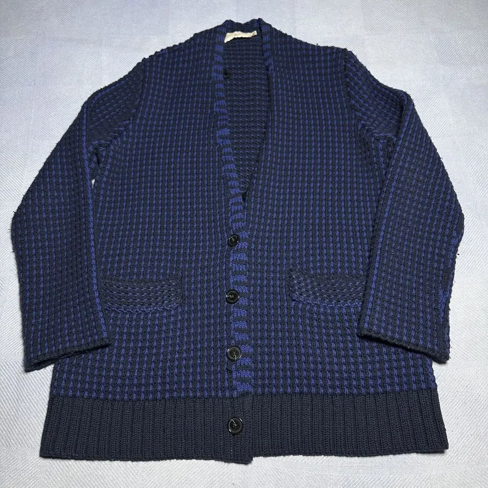 Tory Burch Black Blue Merino Wool Waffle Knit Cardigan‎ Sweater Women's Sz Large